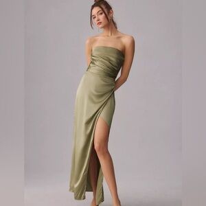 New Reformation Barrow Silk Dress in Artichoke Green Maxi Strapless Size 4